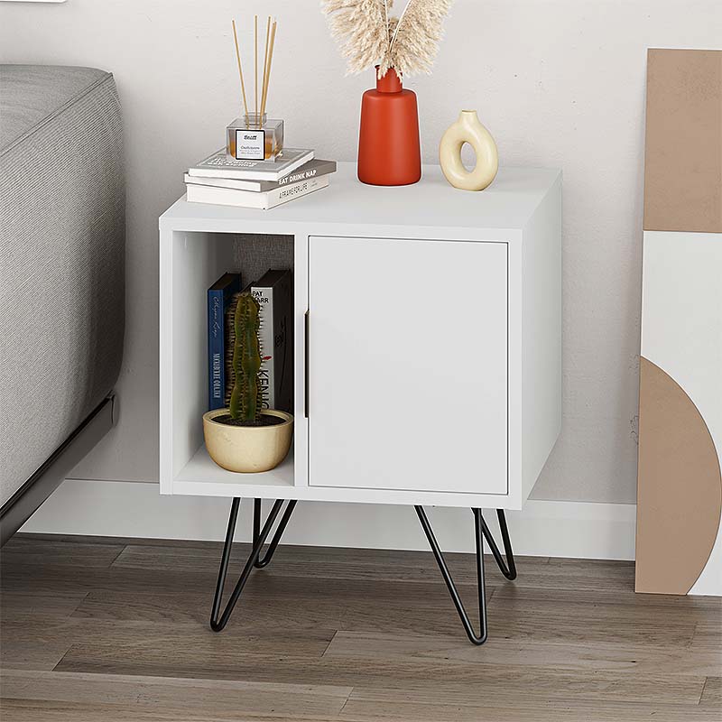 White MARA Nightstand with metal legs, dimensions 50.2x44.6x58cm, showcasing a sleek and modern design.