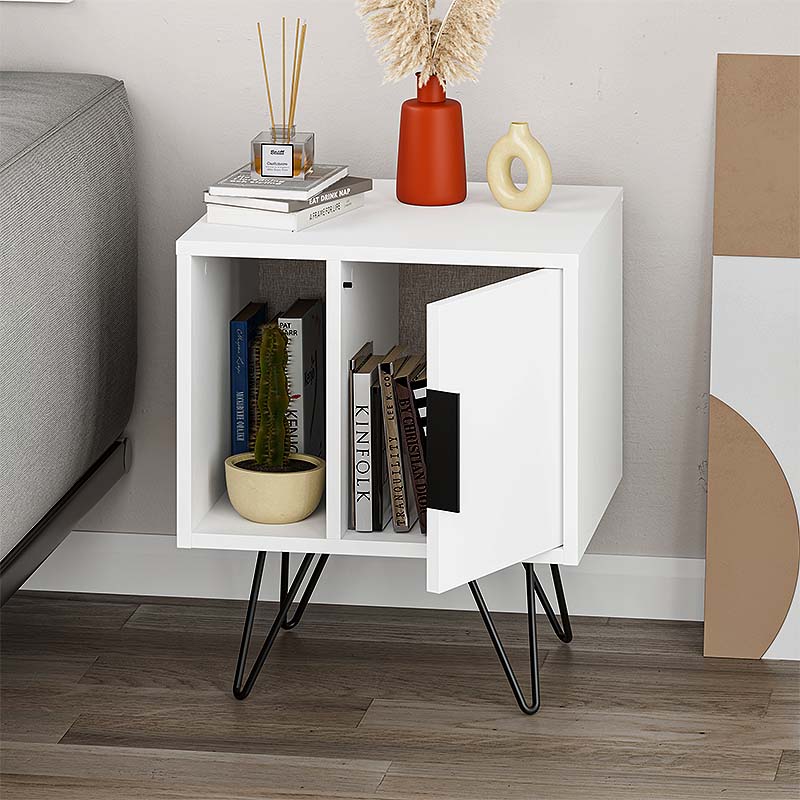 White MARA Nightstand with metal legs, dimensions 50.2x44.6x58cm, showcasing a sleek and modern design.