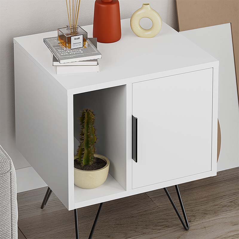 White MARA Nightstand with metal legs, dimensions 50.2x44.6x58cm, showcasing a sleek and modern design.