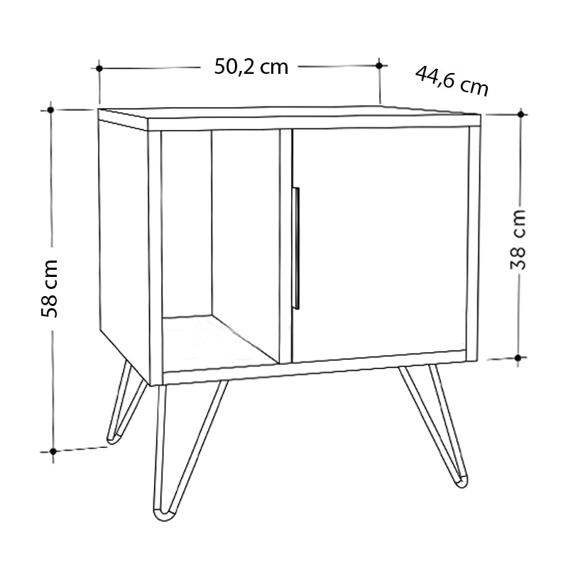 White MARA Nightstand with metal legs, dimensions 50.2x44.6x58cm, showcasing a sleek and modern design.