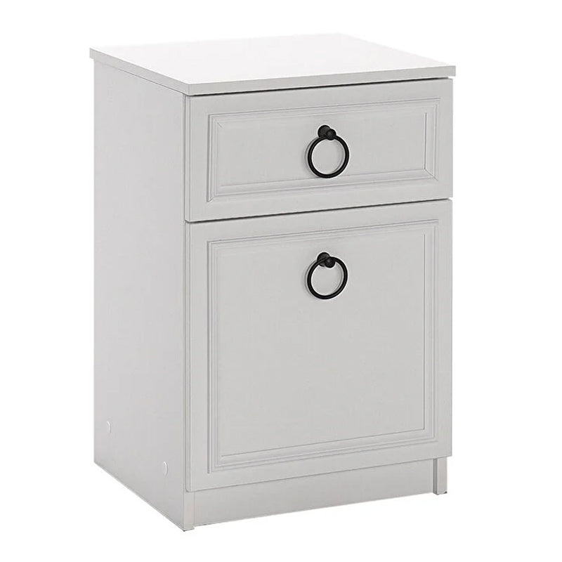 Set of two MATILDA white nightstands, each measuring 40x38x63cm, featuring a sleek design and a single drawer.