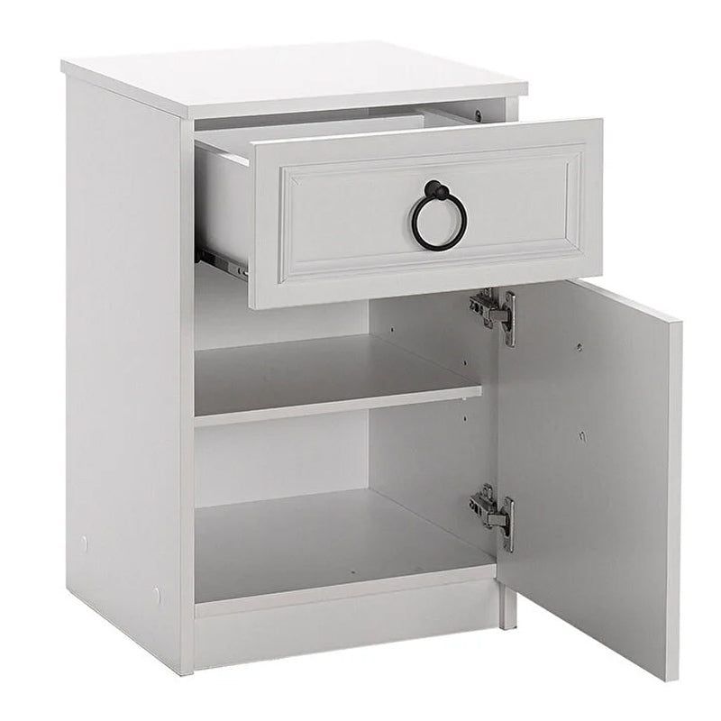 Set of two MATILDA white nightstands, each measuring 40x38x63cm, featuring a sleek design and a single drawer.