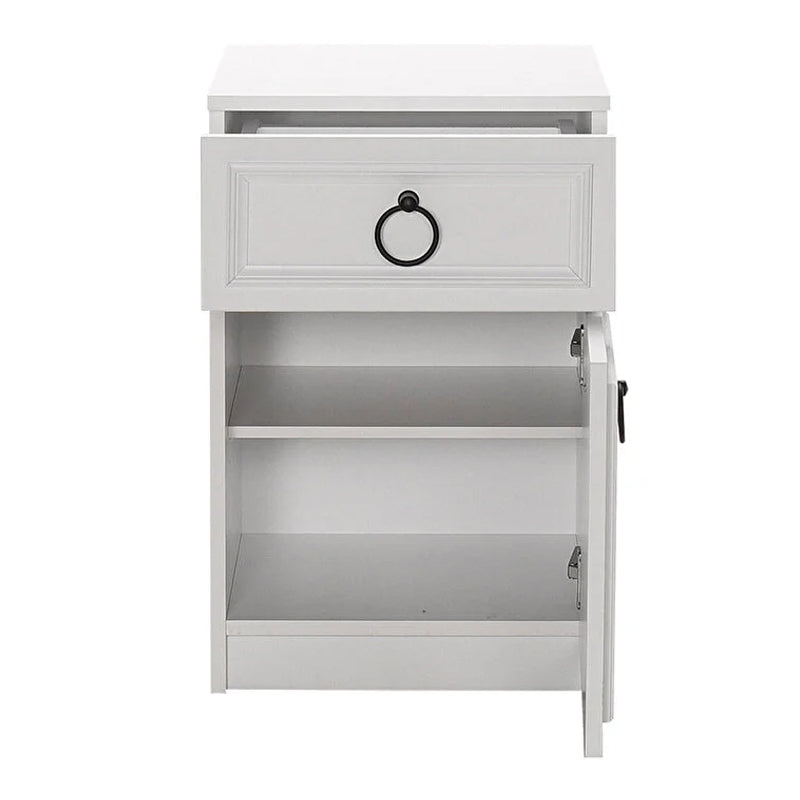 Set of two MATILDA white nightstands, each measuring 40x38x63cm, featuring a sleek design and a single drawer.