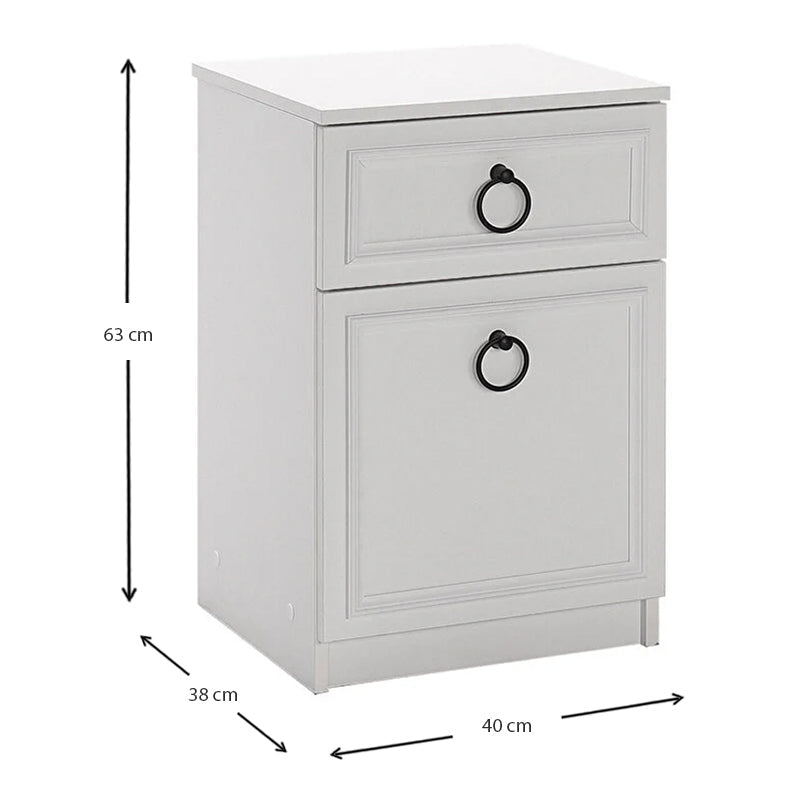 Set of two MATILDA white nightstands, each measuring 40x38x63cm, featuring a sleek design and a single drawer.