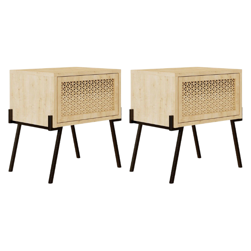 Set of two MILLA oak nightstands with melamine finish, showcasing modern design and compact dimensions.