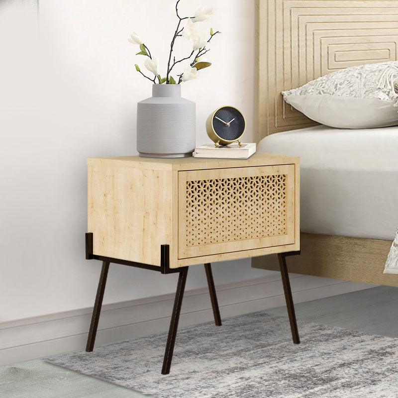 Set of two MILLA oak nightstands with melamine finish, showcasing modern design and compact dimensions.