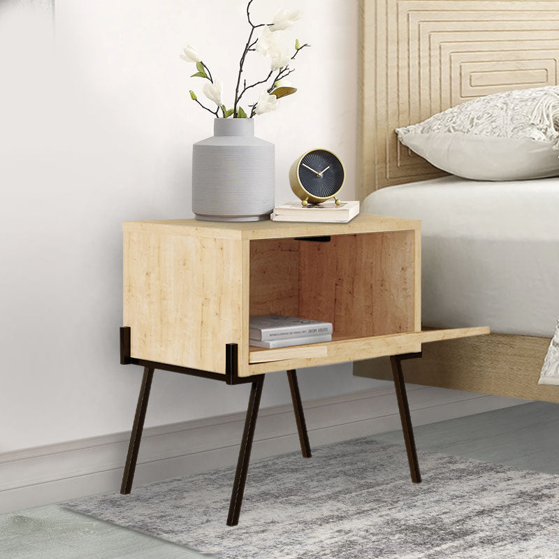 Set of two MILLA oak nightstands with melamine finish, showcasing modern design and compact dimensions.