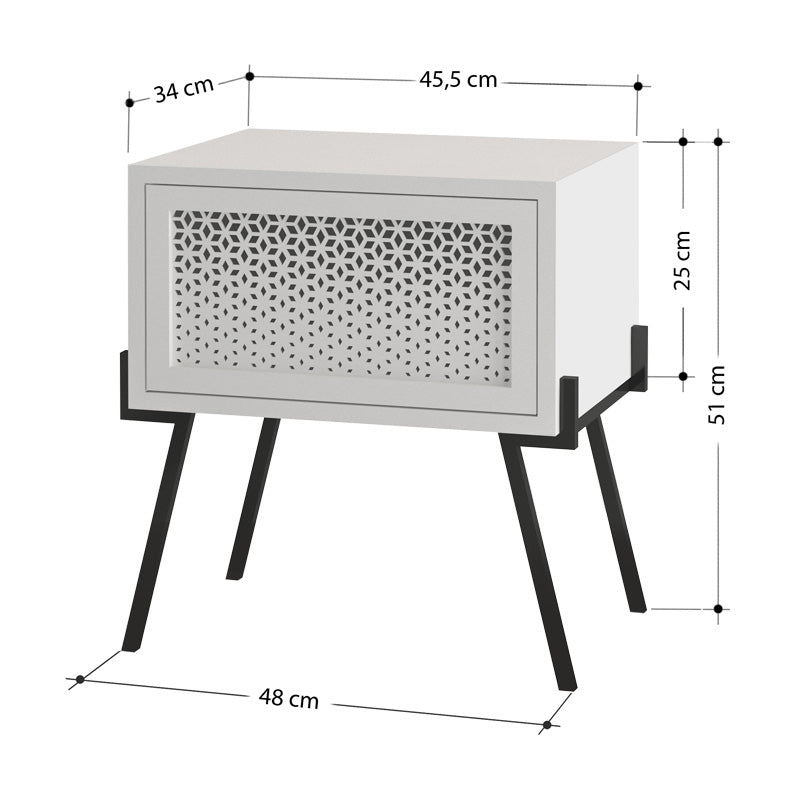 Set of two MILLA oak nightstands with melamine finish, showcasing modern design and compact dimensions.