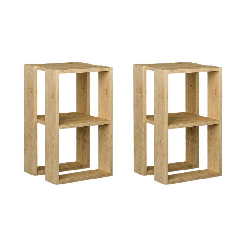 Set of two NOBLE Nightstands in melamine oak finish, dimensions 34x30x55 cm, featuring a sleek design and one shelf.