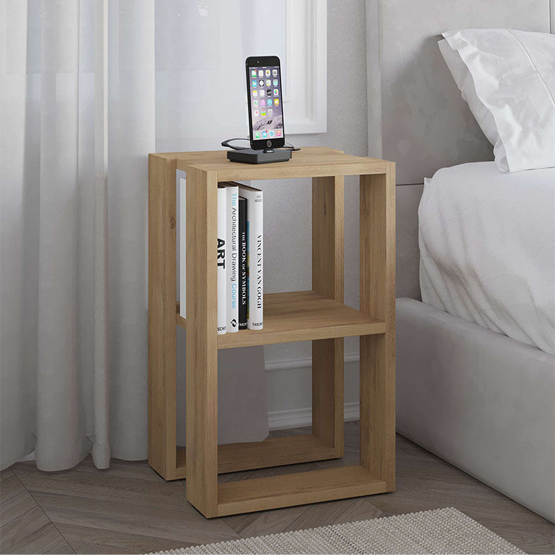 Set of two NOBLE Nightstands in melamine oak finish, dimensions 34x30x55 cm, featuring a sleek design and one shelf.