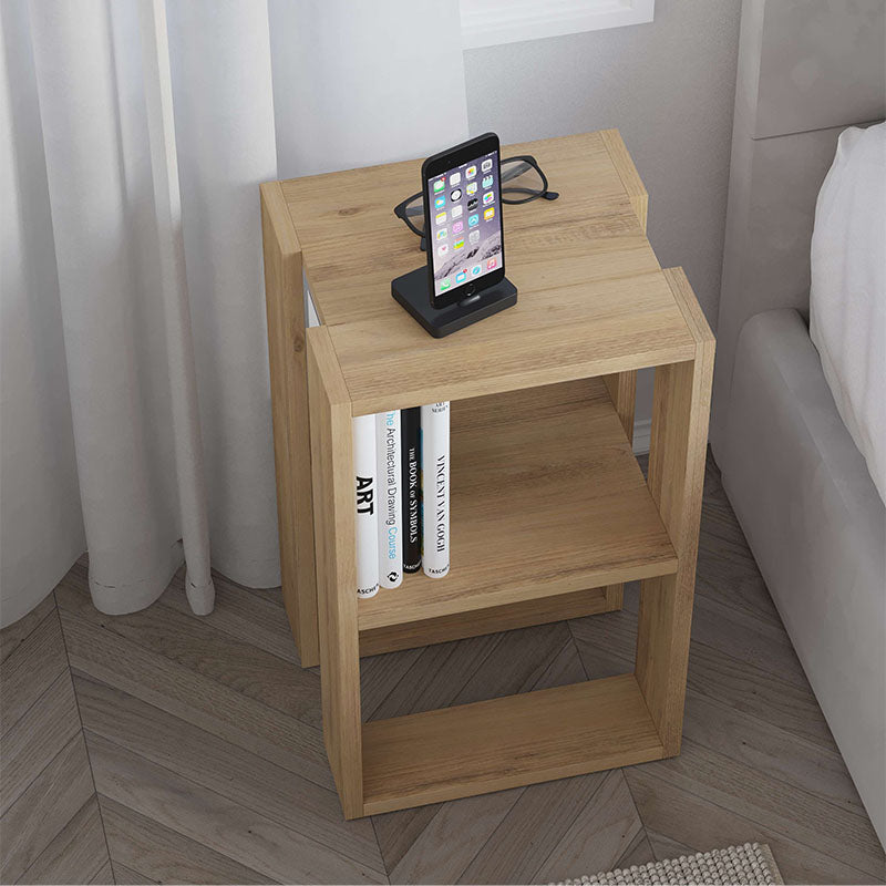 Set of two NOBLE Nightstands in melamine oak finish, dimensions 34x30x55 cm, featuring a sleek design and one shelf.