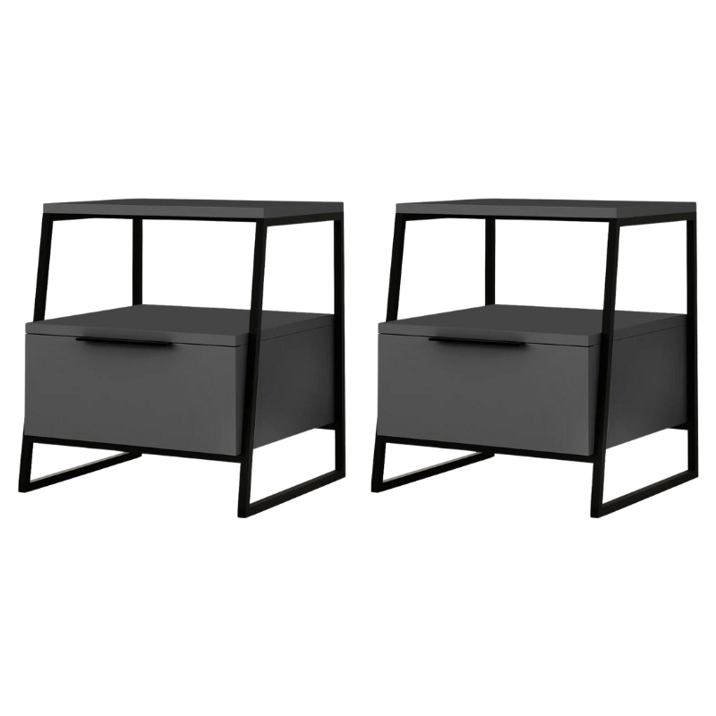 Two stylish anthracite nightstands with metal frames, showcasing modern design and durable melamine construction.