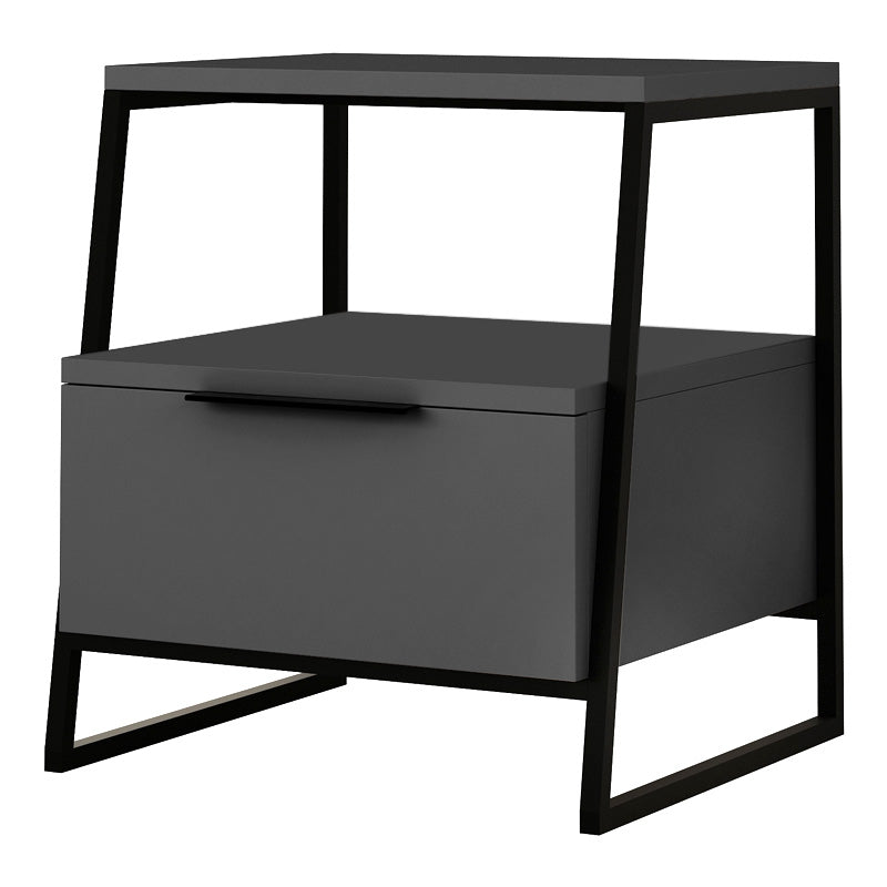 Two stylish anthracite nightstands with metal frames, showcasing modern design and durable melamine construction.