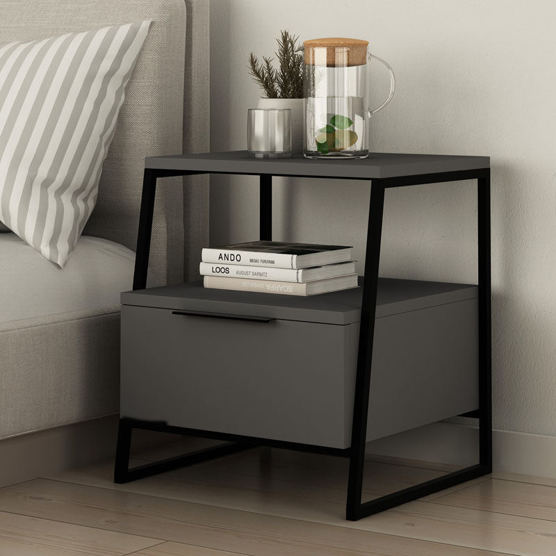 Two stylish anthracite nightstands with metal frames, showcasing modern design and durable melamine construction.