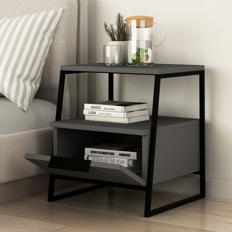 Two stylish anthracite nightstands with metal frames, showcasing modern design and durable melamine construction.