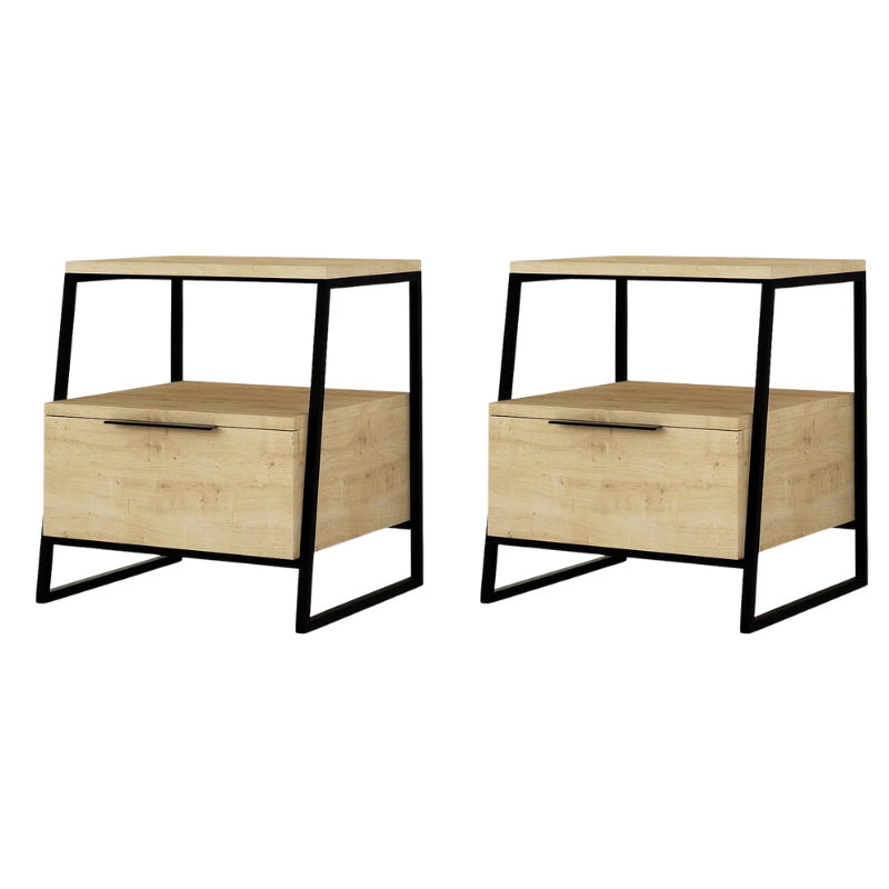 Nightstand ROTTERDAM Oak Set featuring a stylish oak finish and sturdy metal frame, perfect for modern interiors.