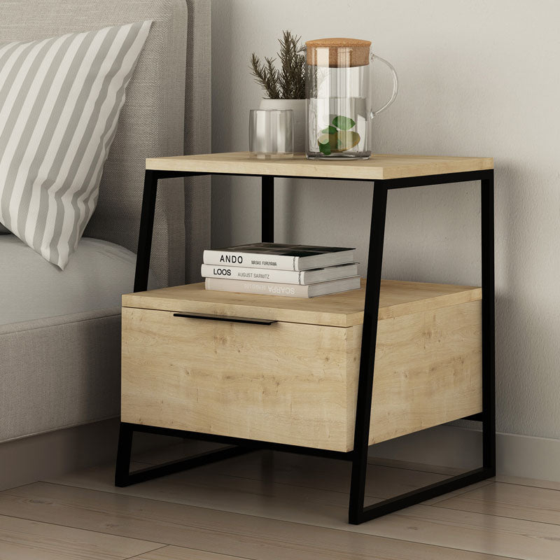 Nightstand ROTTERDAM Oak Set featuring a stylish oak finish and sturdy metal frame, perfect for modern interiors.