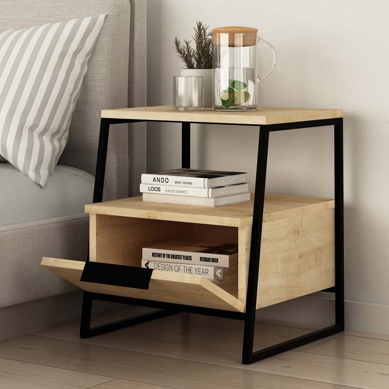 Nightstand ROTTERDAM Oak Set featuring a stylish oak finish and sturdy metal frame, perfect for modern interiors.