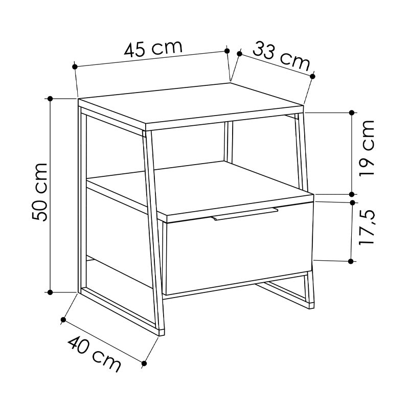 ROTTERDAM Oak Nightstand with melamine finish, featuring a metal frame and compact dimensions, ideal for modern interiors.