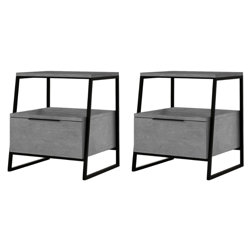 Two retro grey melamine nightstands with metal frames, showcasing a stylish design suitable for various interiors.