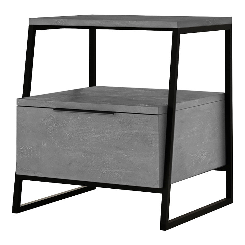 Two retro grey melamine nightstands with metal frames, showcasing a stylish design suitable for various interiors.