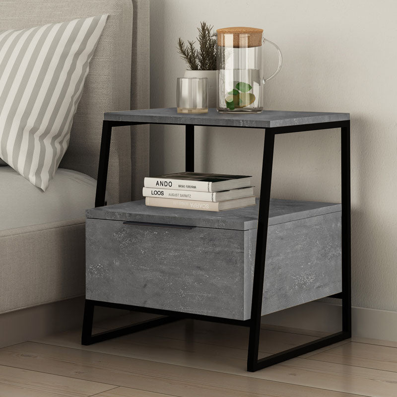 Two retro grey melamine nightstands with metal frames, showcasing a stylish design suitable for various interiors.