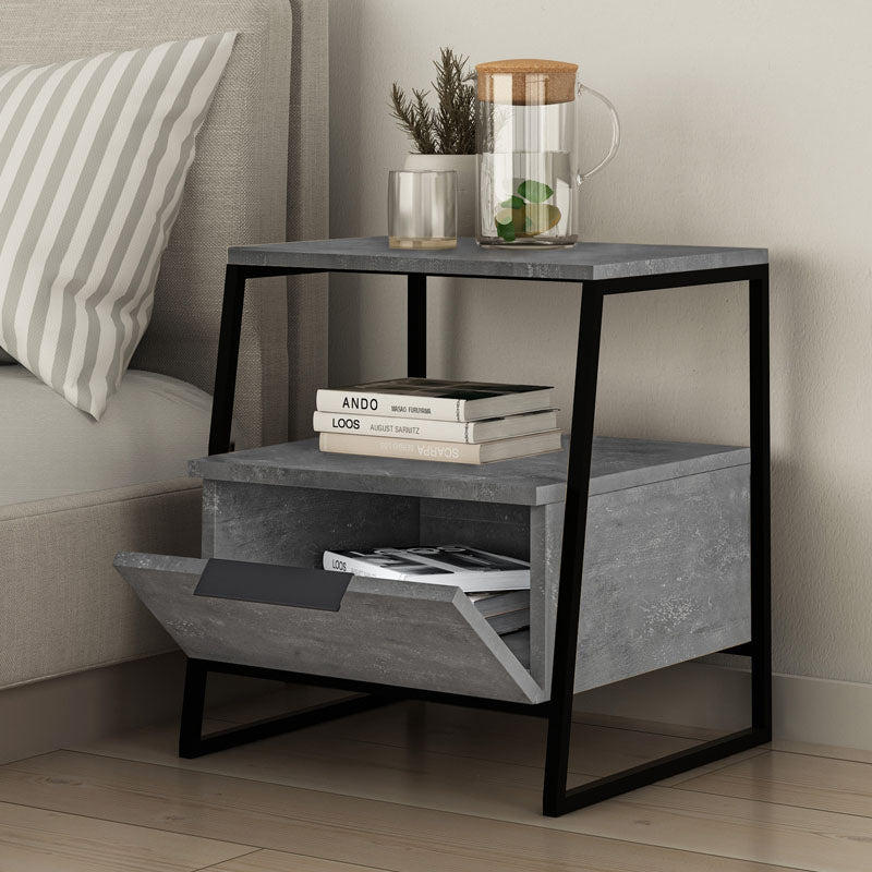 Two retro grey melamine nightstands with metal frames, showcasing a stylish design suitable for various interiors.