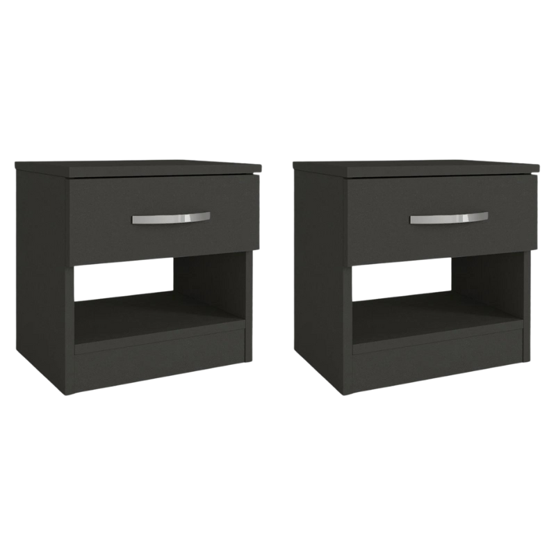 Set of two SALOMEA nightstands in anthracite color, showcasing modern design and compact dimensions.