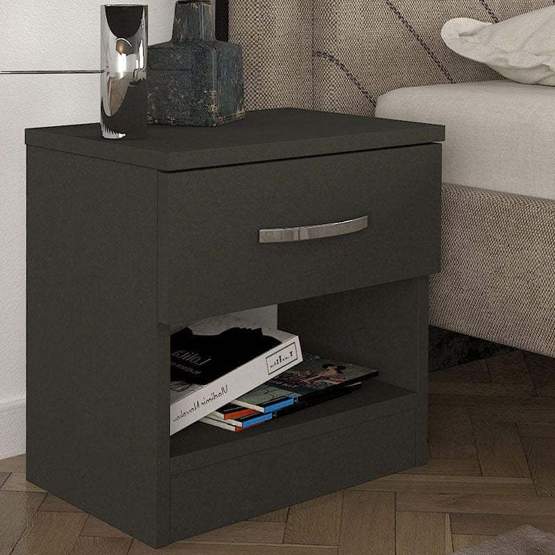 Set of two SALOMEA nightstands in anthracite color, showcasing modern design and compact dimensions.