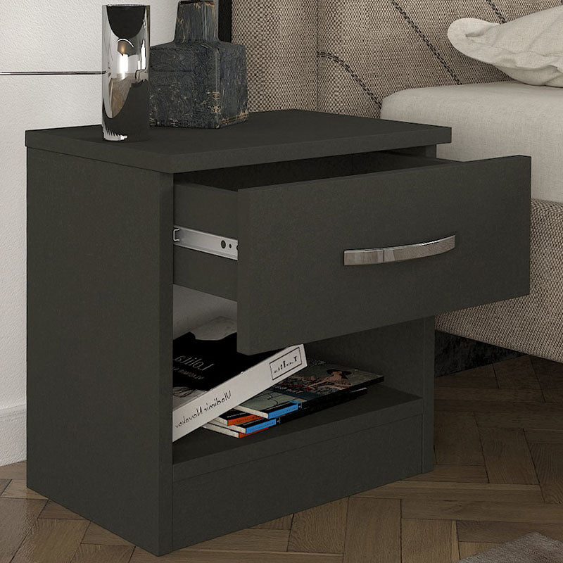 Set of two SALOMEA nightstands in anthracite color, showcasing modern design and compact dimensions.