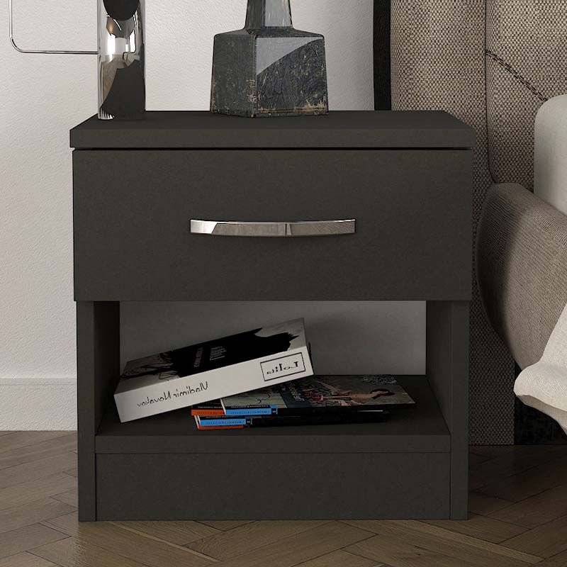 Set of two SALOMEA nightstands in anthracite color, showcasing modern design and compact dimensions.