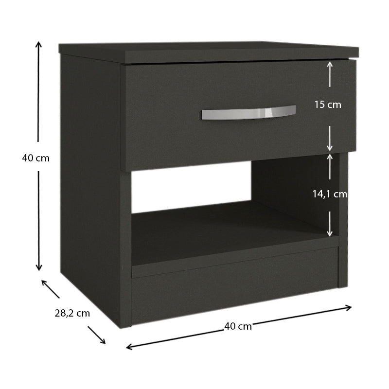 Set of two SALOMEA nightstands in anthracite color, showcasing modern design and compact dimensions.