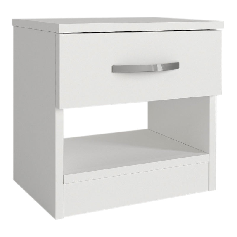 White SALOMEA Nightstand with compact dimensions, featuring a sleek melamine finish and sturdy construction.