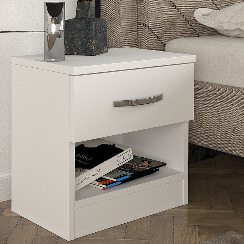 White SALOMEA Nightstand with compact dimensions, featuring a sleek melamine finish and sturdy construction.