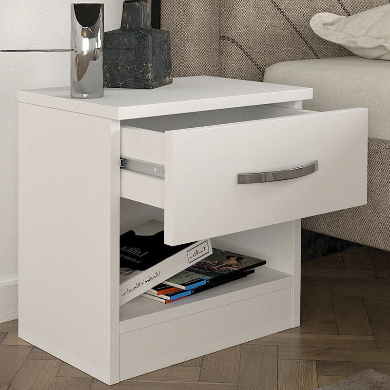 White SALOMEA Nightstand with compact dimensions, featuring a sleek melamine finish and sturdy construction.