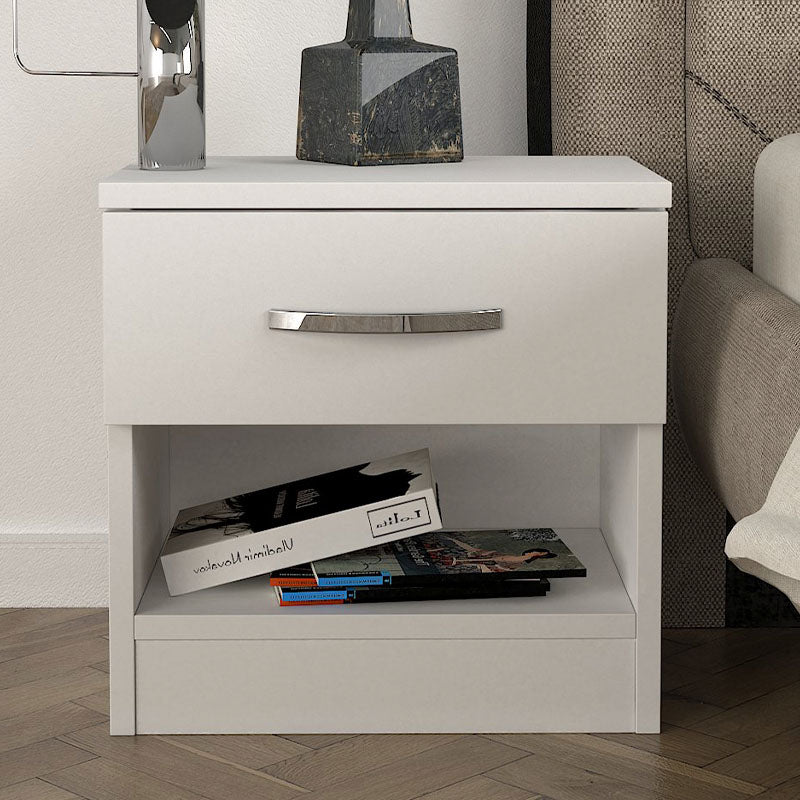 White SALOMEA Nightstand with compact dimensions, featuring a sleek melamine finish and sturdy construction.