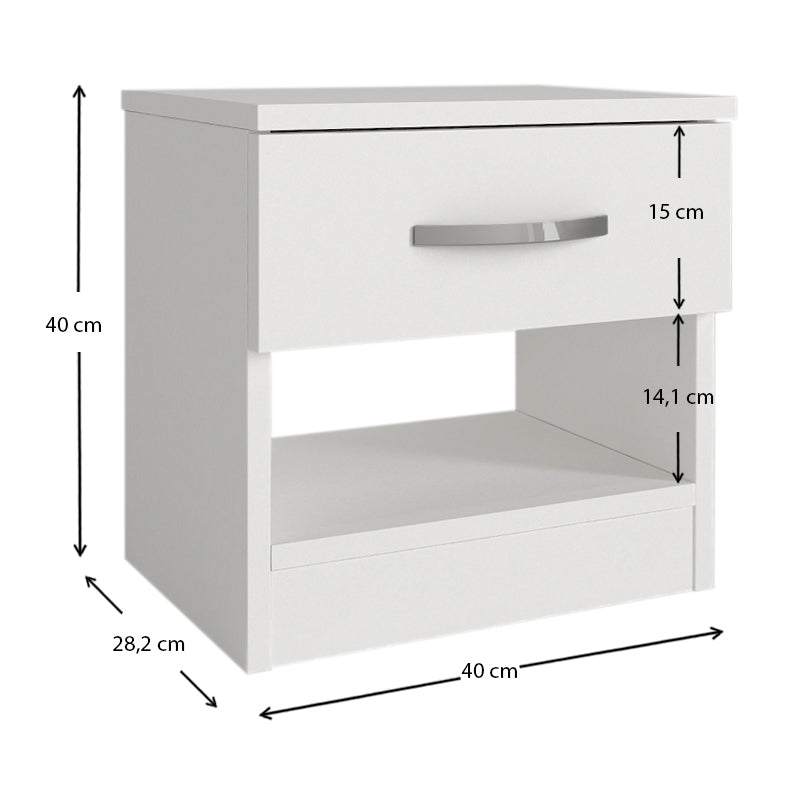 White SALOMEA Nightstand with compact dimensions, featuring a sleek melamine finish and sturdy construction.