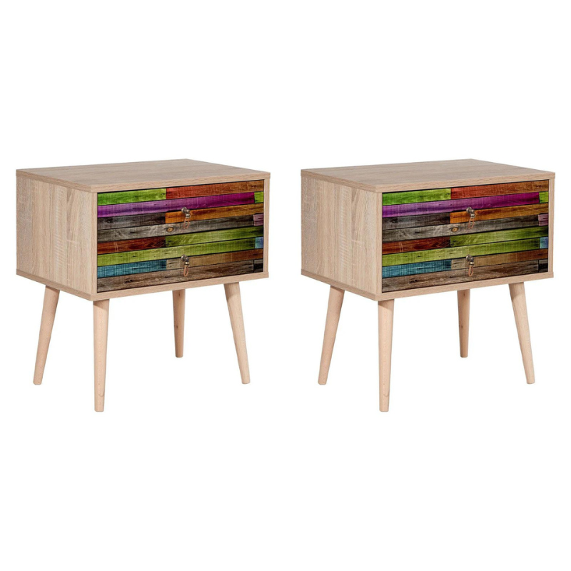 Nightstand SANDRA multi set featuring a modern multicolor design with stylish digital printing and wooden legs.