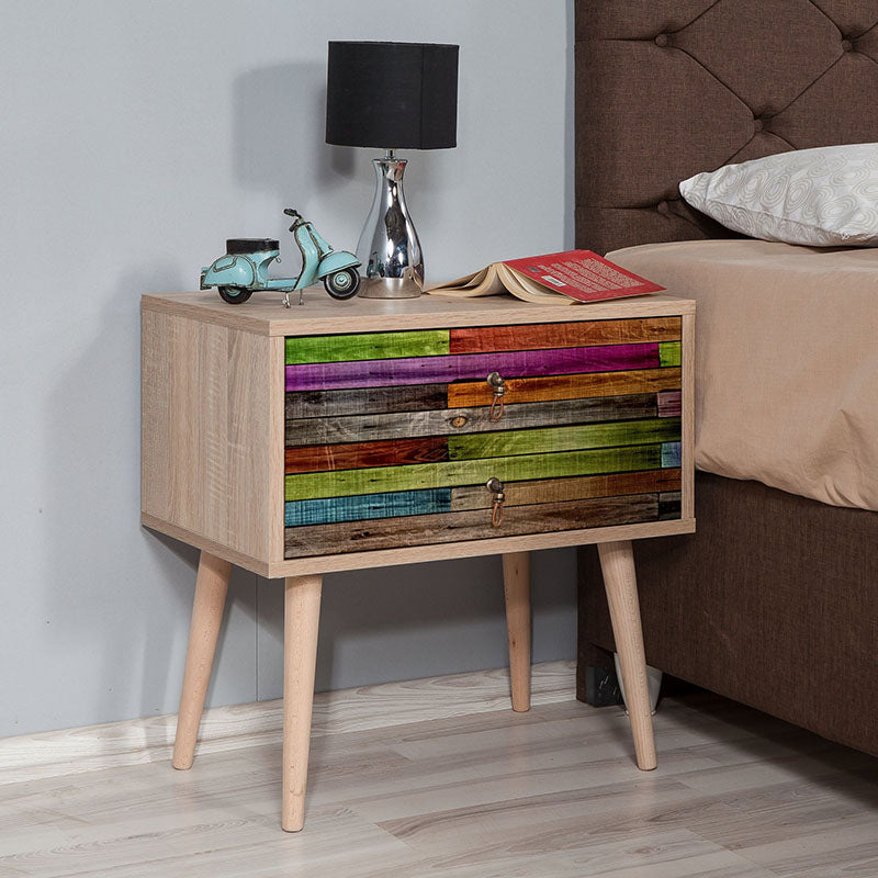 Nightstand SANDRA multi set featuring a modern multicolor design with stylish digital printing and wooden legs.