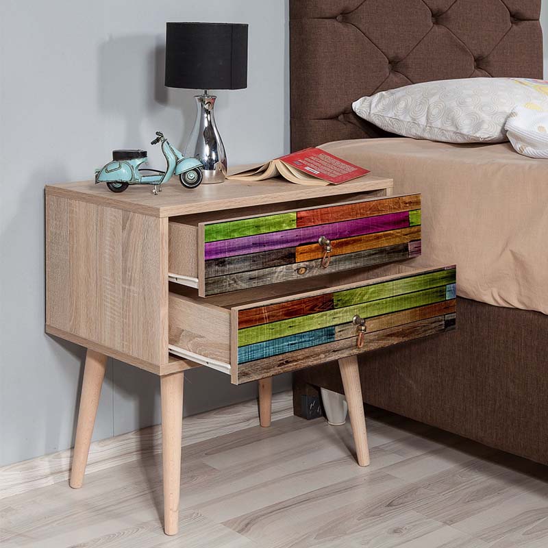 Nightstand SANDRA multi set featuring a modern multicolor design with stylish digital printing and wooden legs.