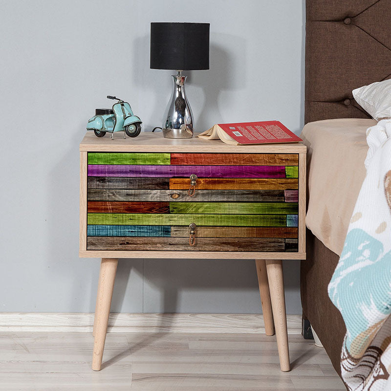 Nightstand SANDRA multi set featuring a modern multicolor design with stylish digital printing and wooden legs.