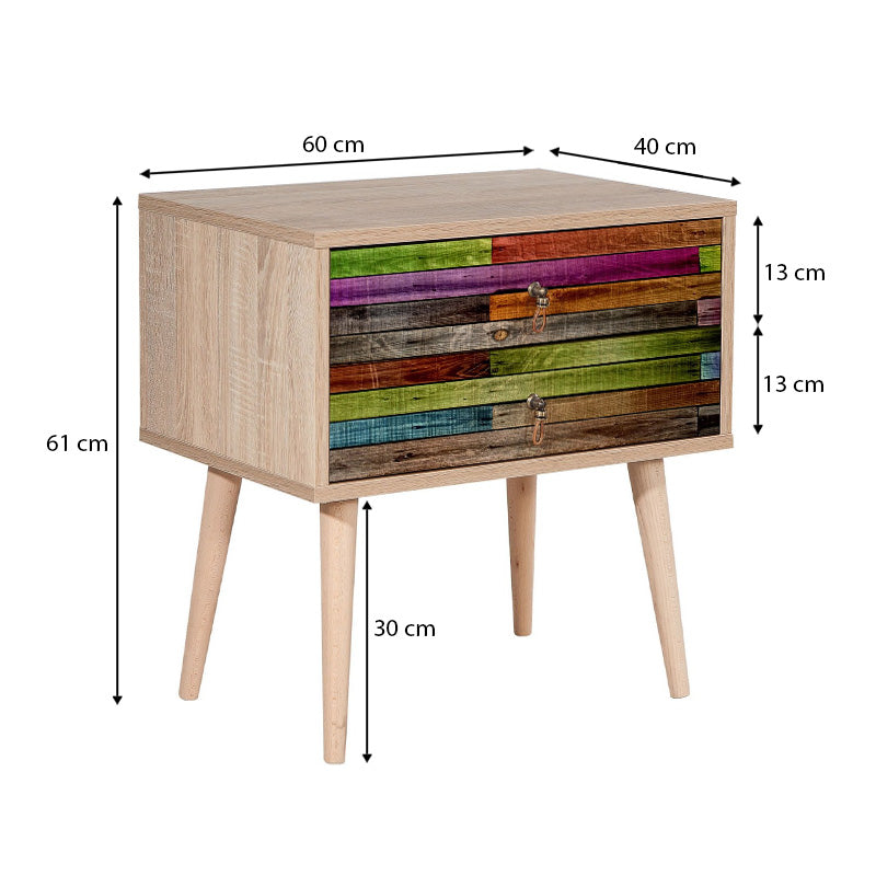 Nightstand SANDRA multi set featuring a modern multicolor design with stylish digital printing and wooden legs.