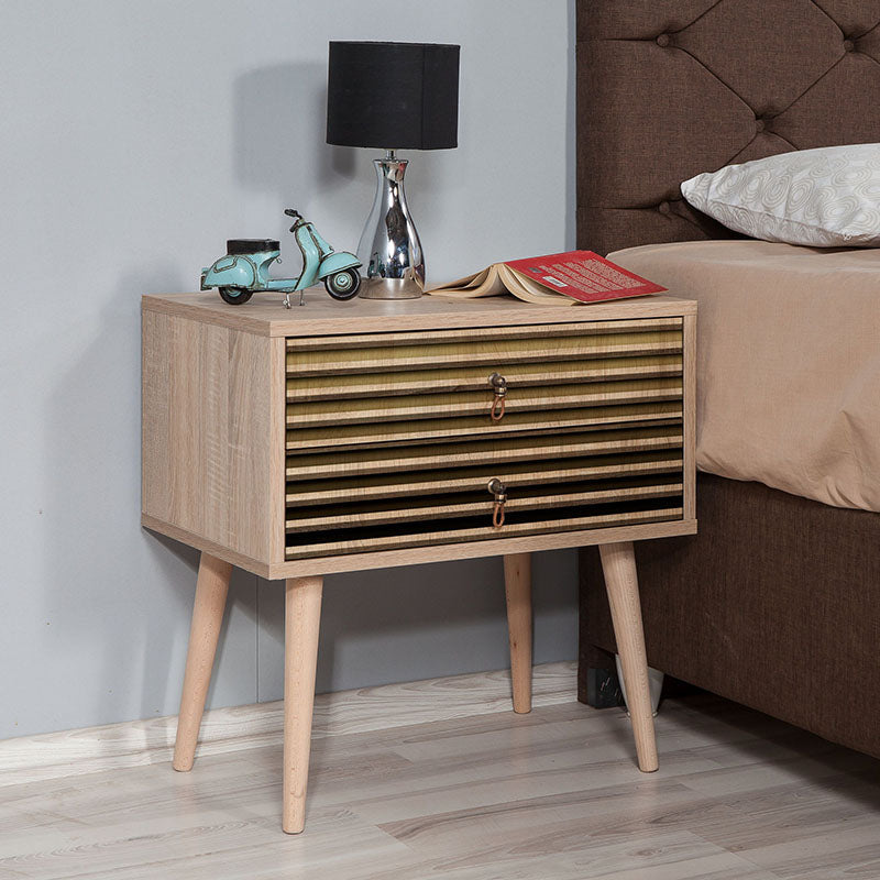 Nightstand SANDRA in sonoma finish with stylish digital printing and wooden legs, showcasing modern design and functionality.