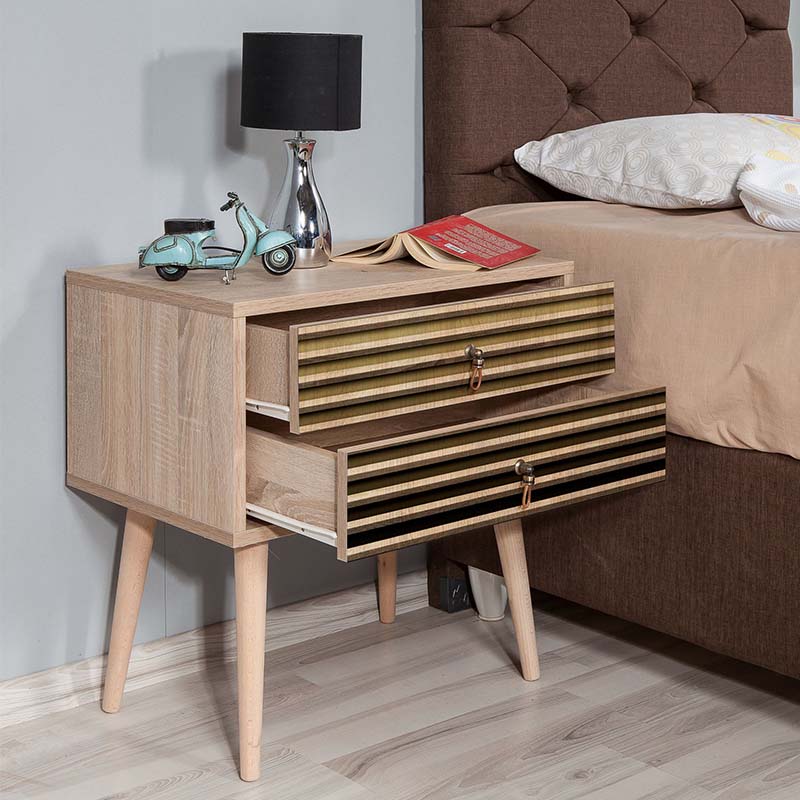 Nightstand SANDRA in sonoma finish with stylish digital printing and wooden legs, showcasing modern design and functionality.