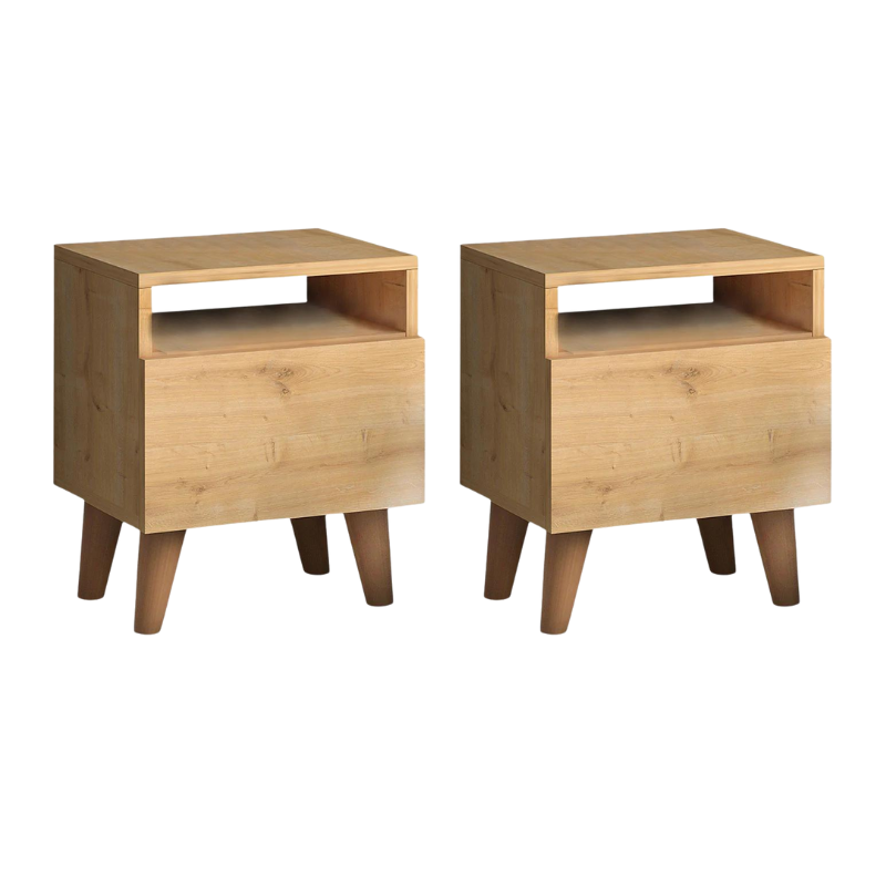 Set of two SILVIA Nightstands in oak finish, featuring a cupboard and shelf, perfect for bedroom decor.