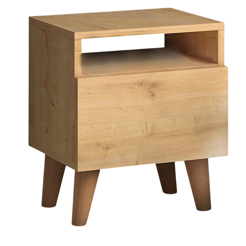 Set of two SILVIA Nightstands in oak finish, featuring a cupboard and shelf, perfect for bedroom decor.