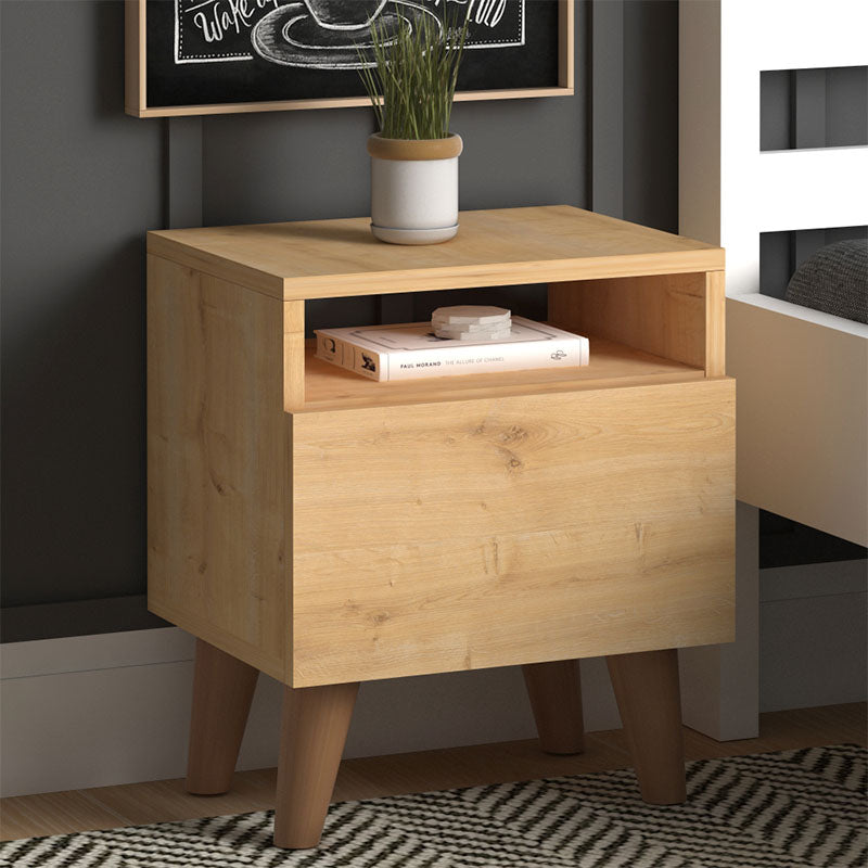 Set of two SILVIA Nightstands in oak finish, featuring a cupboard and shelf, perfect for bedroom decor.