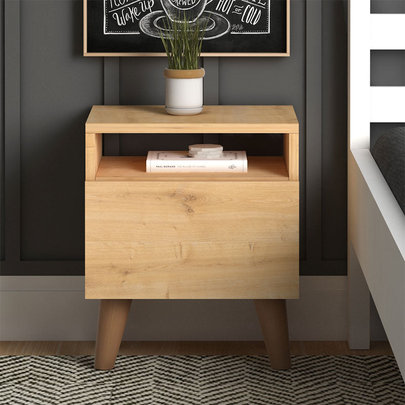 Set of two SILVIA Nightstands in oak finish, featuring a cupboard and shelf, perfect for bedroom decor.