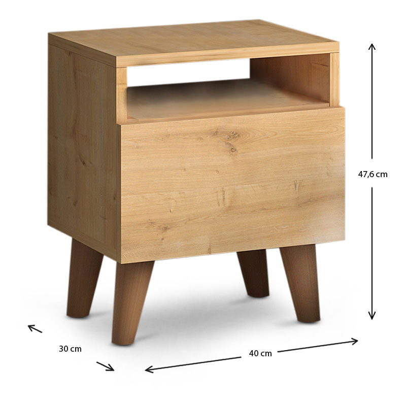 Set of two SILVIA Nightstands in oak finish, featuring a cupboard and shelf, perfect for bedroom decor.