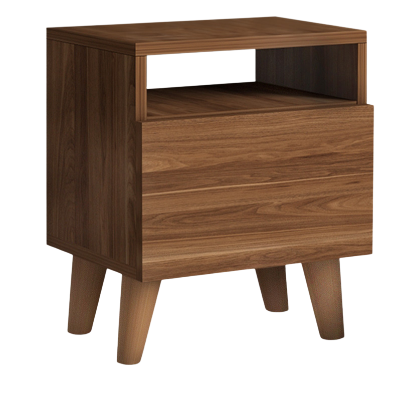 Set of two SILVIA nightstands in walnut finish, featuring a cupboard and shelf, ideal for bedroom decor.